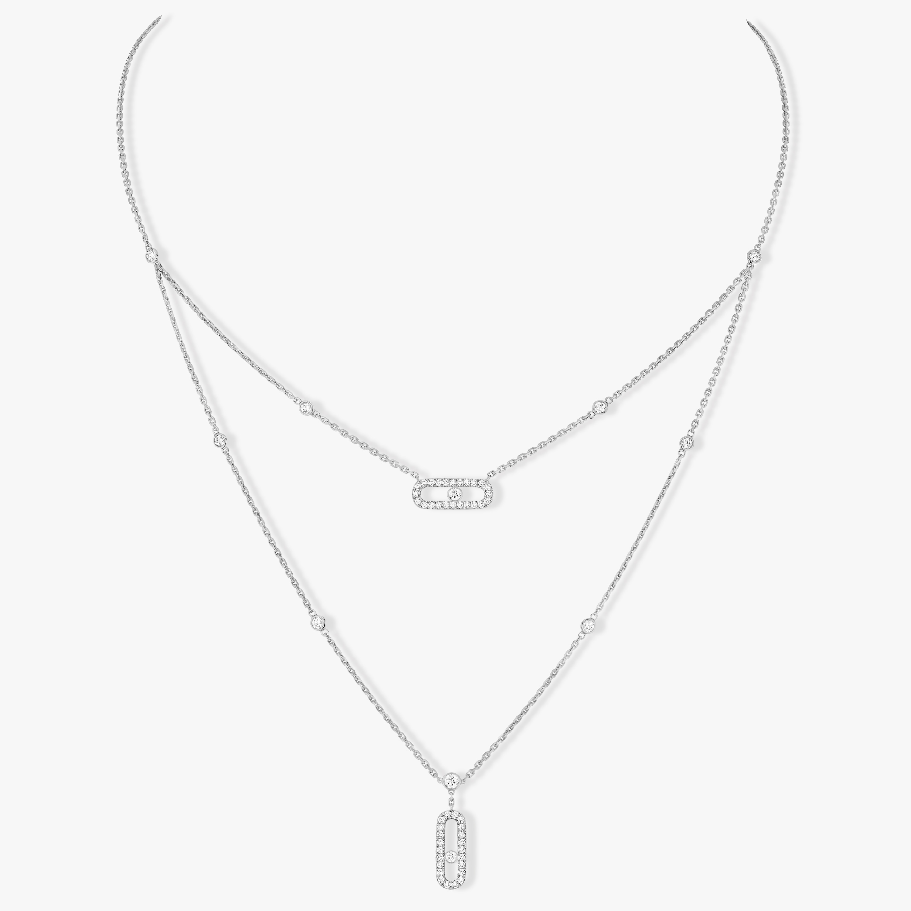 Collier Femme Or Blanc Diamant Move Uno 2 Rangs Pavé 07174-WG