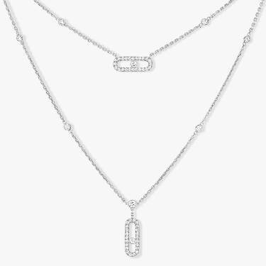 Collier Femme Or Blanc Diamant Move Uno 2 Rangs Pavé 07174-WG