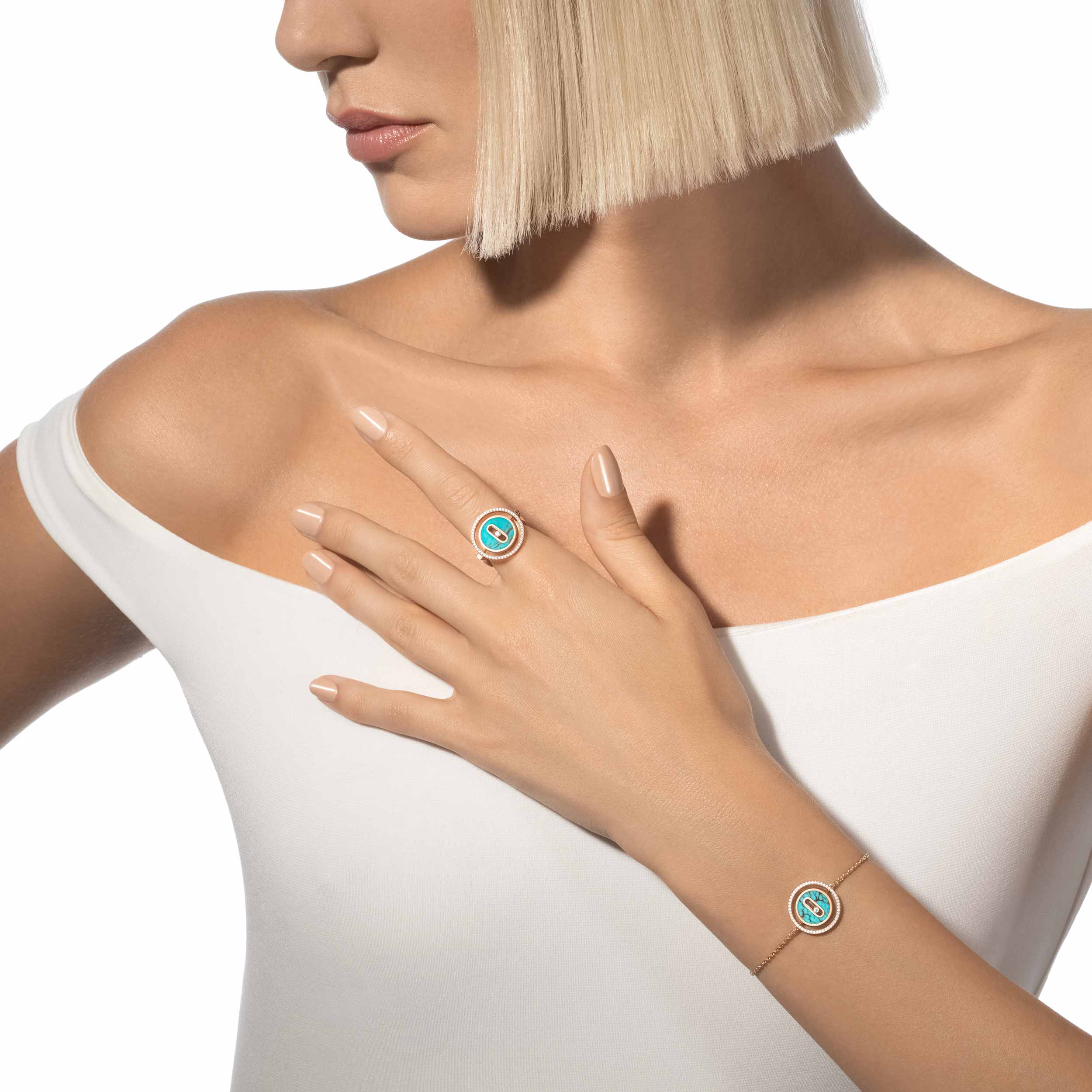 Lucky Move Diamond Ring in Pink Gold and Turquoise Messika 12098 PG