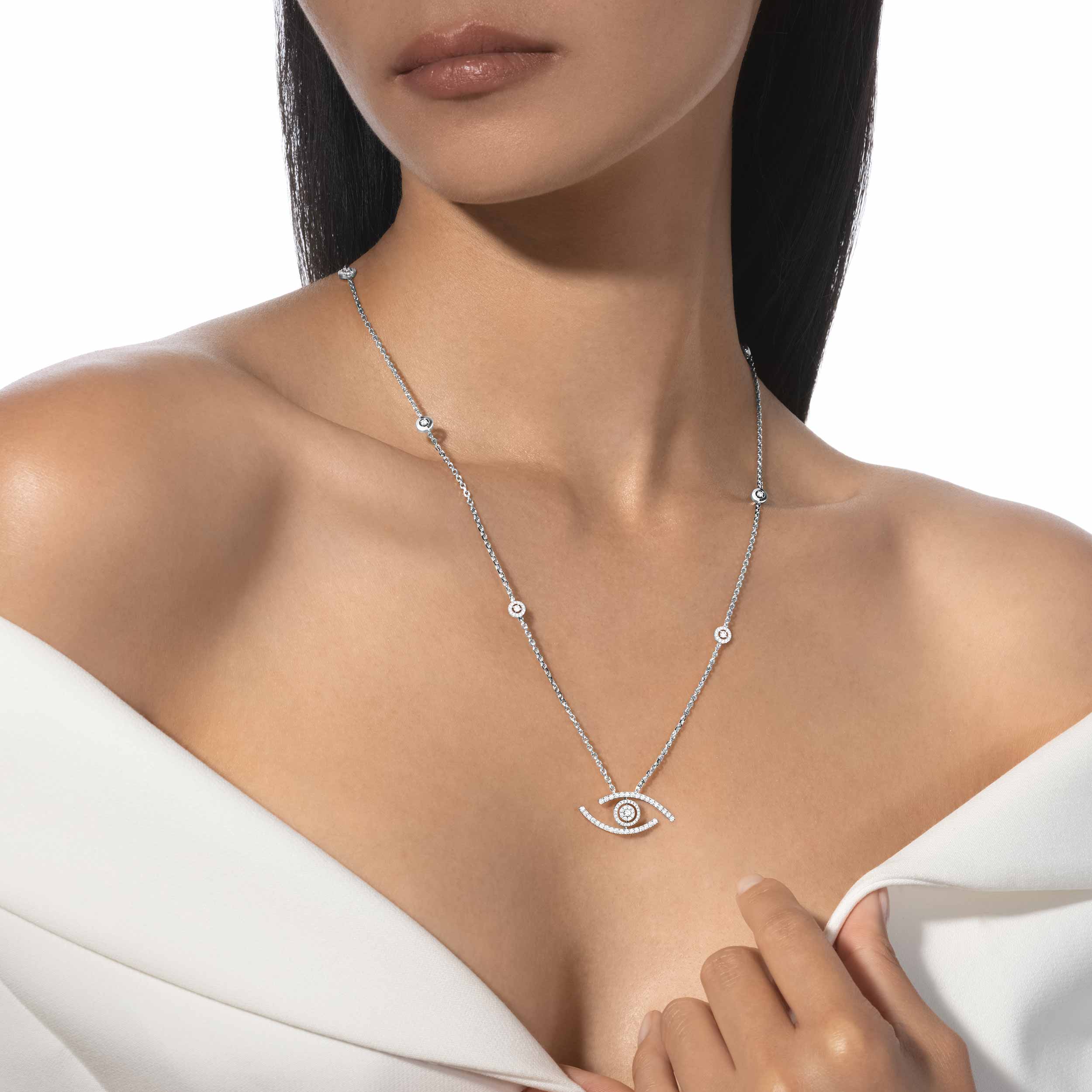 Collier Femme Or Blanc Diamant Sautoir Lucky Eye Pavé 11570-WG