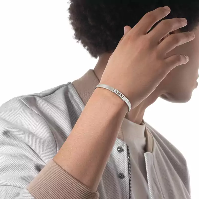 Bracelet Homme Or Blanc Diamant Bangle Move Noa Ciselé Semi-Pavé Grandes Tailles 14556-WG