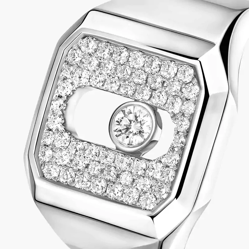 Bague Mixte Or Blanc Diamant Chevalière Move Joaillerie Pavée 13654-WG