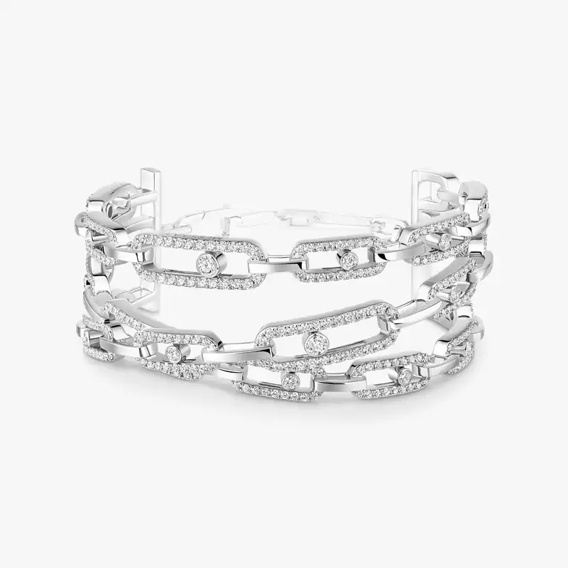 Bracelet Femme Or Blanc Diamant Manchette 3 rangs Move Link 13512-WG