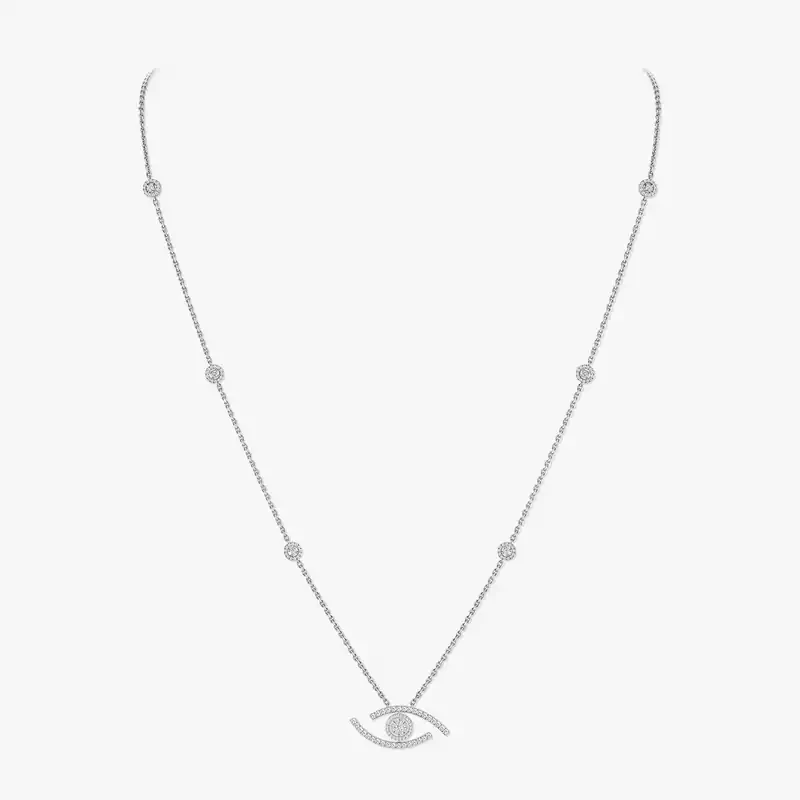 Collier Femme Or Blanc Diamant Sautoir Lucky Eye Pavé 11570-WG