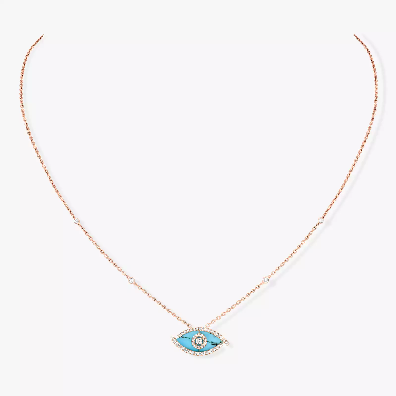 Lucky Eye Diamond Necklace in Pink Gold and Turquoise Messika 12952 PG
