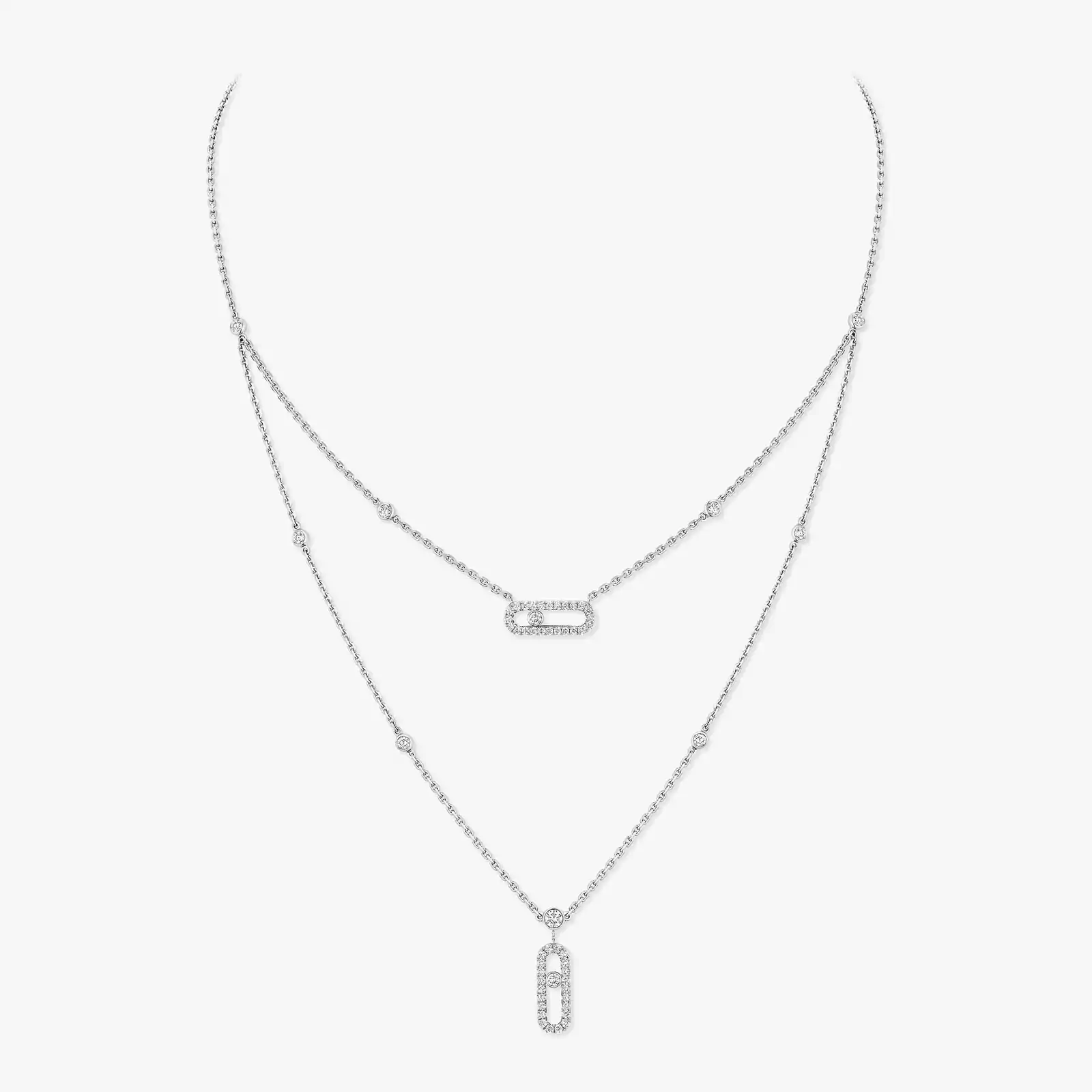 Collier Femme Or Blanc Diamant Move Uno 2 Rangs Pavé 07174-WG